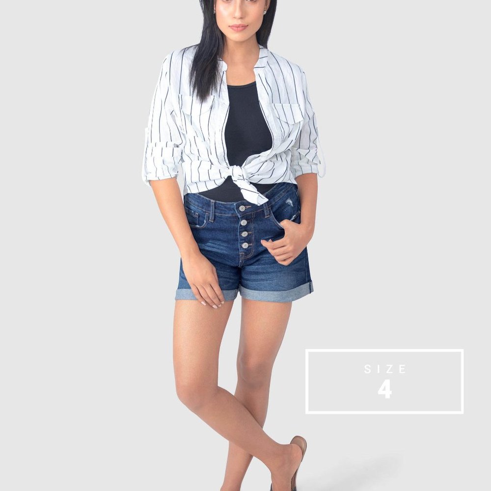 OLGYN Stretch Rolled Hem Dark Blue Denim Shorts - Picture 4 of 5